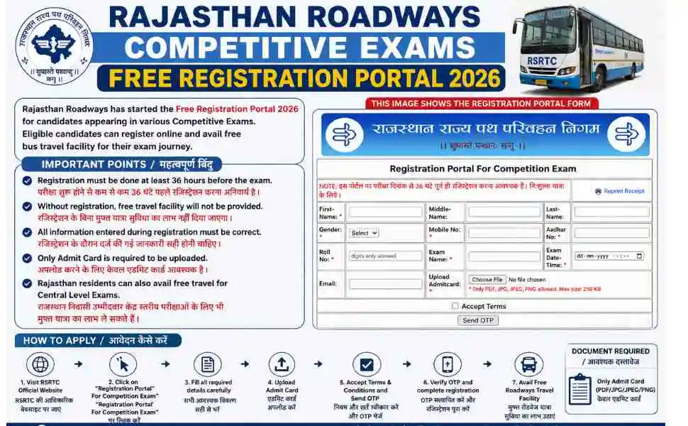 Rajasthan Roadways Competitive Exams Free Registration Portal 2026: राजस्थान प्रतियोगी परीक्षा उम्मीदवारों के लिए फ्री रोडवेज यात्रा रजिस्ट्रेशन शुरू
